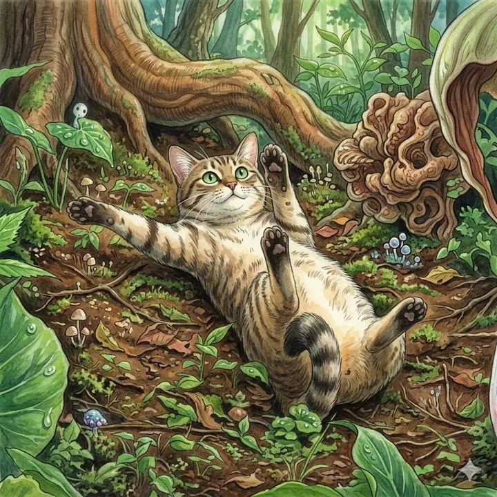 Watercolor forest illustration of the sliding cat