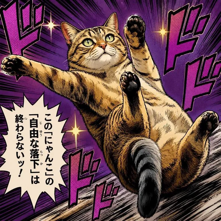 Manga-style panel of the sliding cat