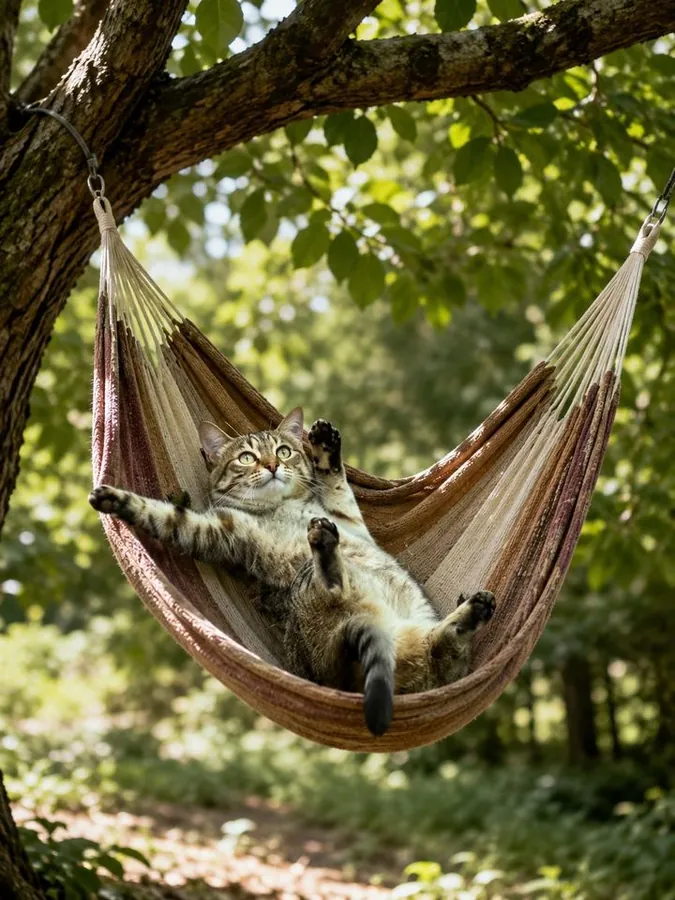 The cat lounging in a hammock in the forest