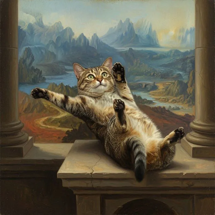 Renaissance oil painting of the sliding cat